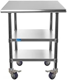 שולחן עבודה של נירוסטה אמגוד עם 2 מדפים וגלגלים | שולחן שירות מתכת על גלגלים